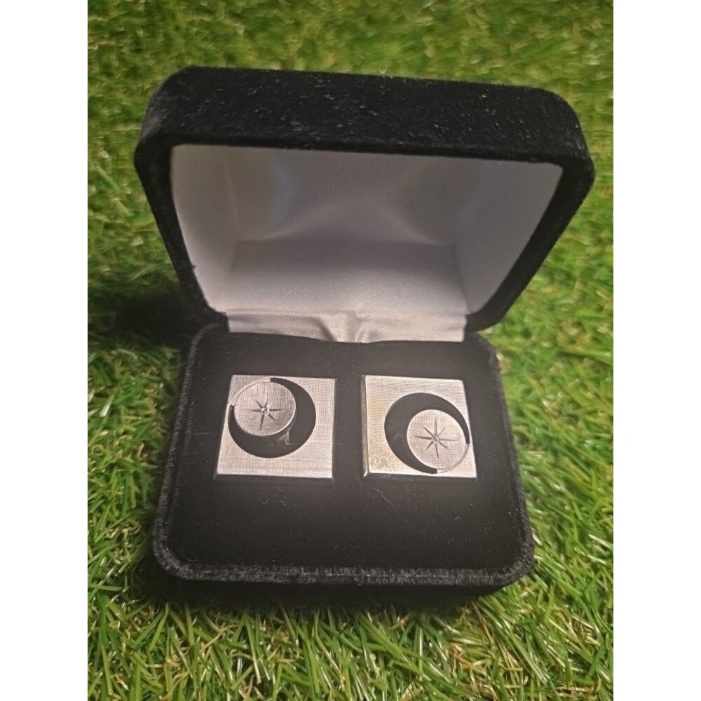 Vintage Open Work Square Crescent Moon Silver Tone Cufflinks Geometric